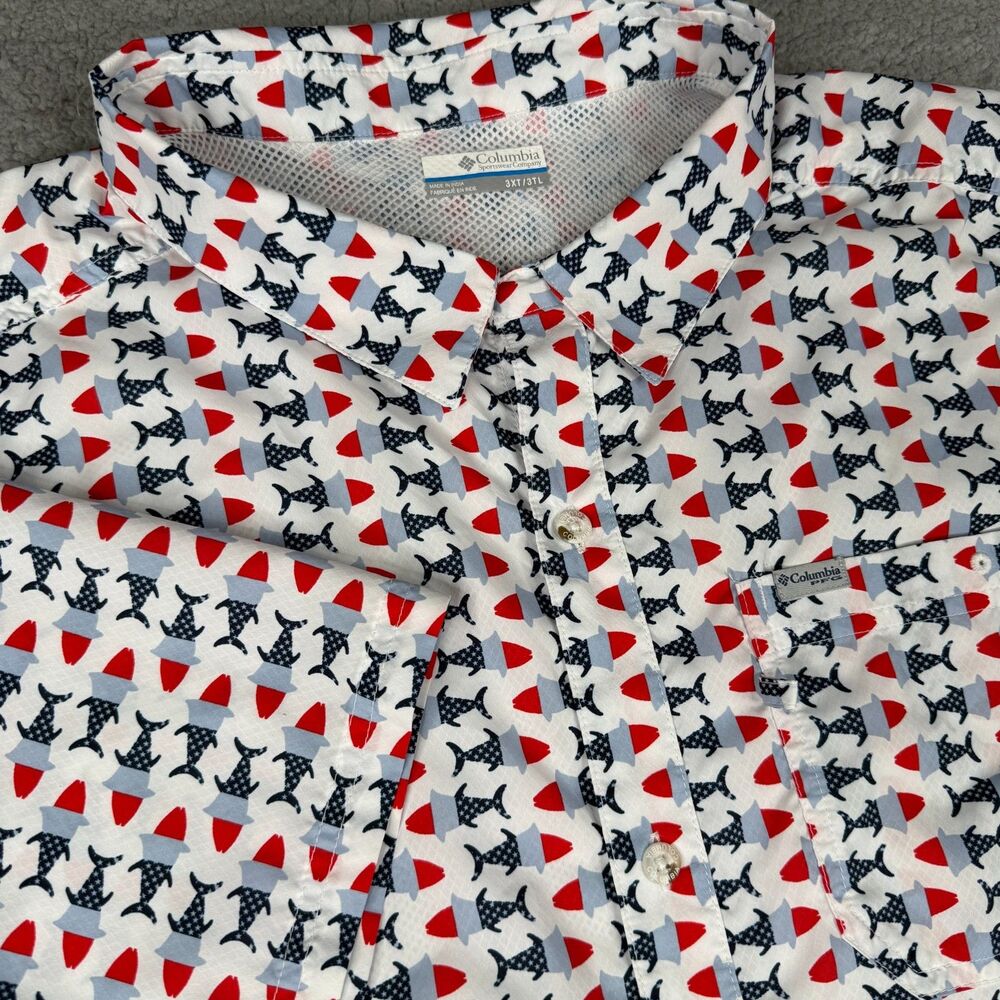 Columbia PFG Shirt Mens 3XT White Patriotic Fish Print Slack Tide Camp Vented